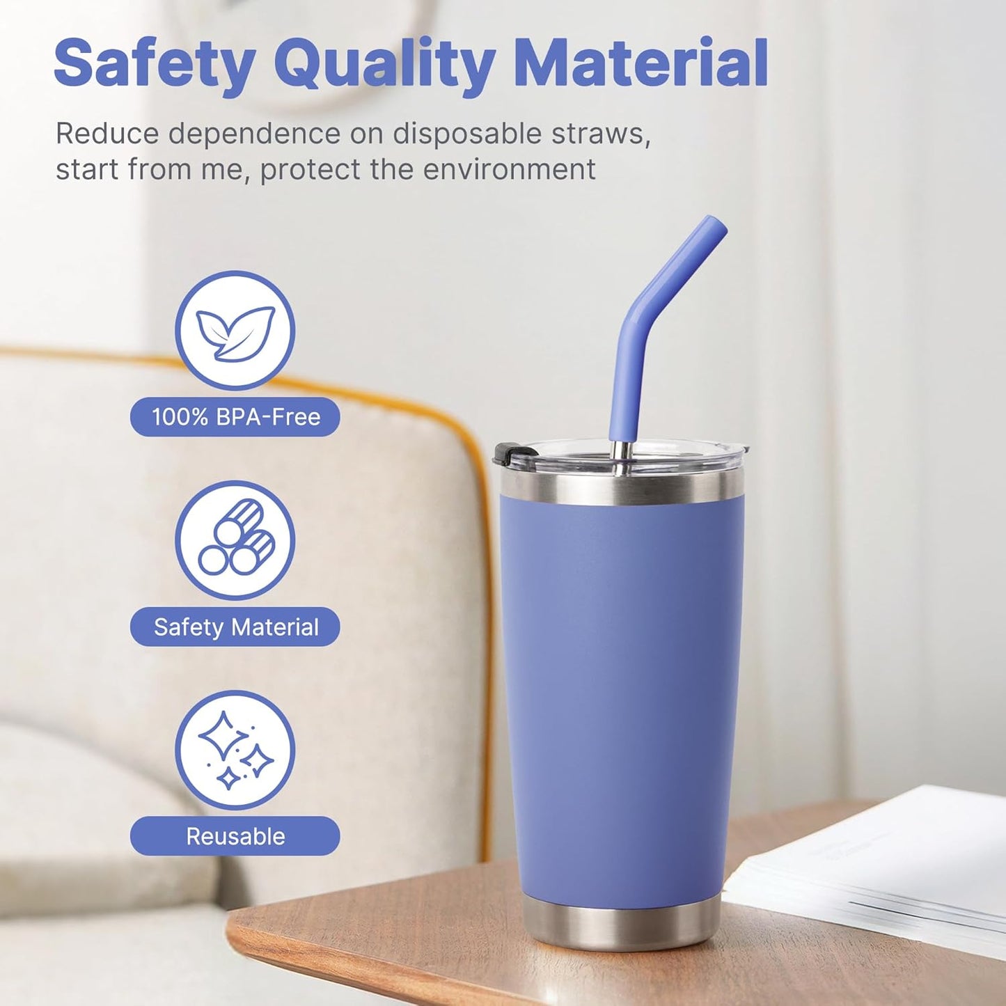 8.5" Metal Straws Reusable for 20 oz Tumbler, 5 Pcs Stainless Steel Drinking Straws for Yeti/RTIC/CIVAGO 20 oz Tumblers, 1 Portable Bag