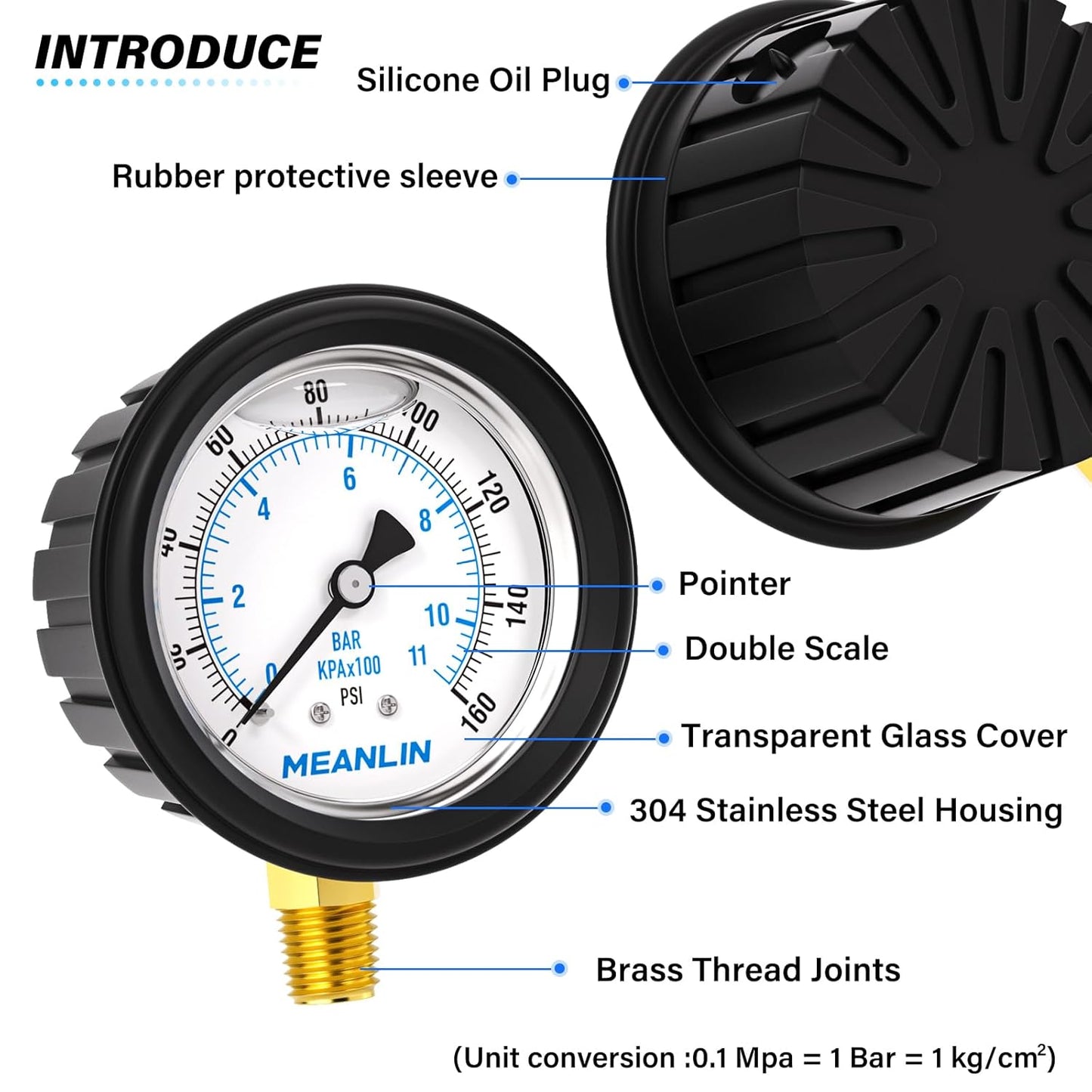 MEANLIN MEASURE 0~160Psi Stainless Steel Liquid Filled Pressure Gauge 1/4" NPT 2.5" FACE DIAL with Rubber Protective Sleeve, Lower Mount
