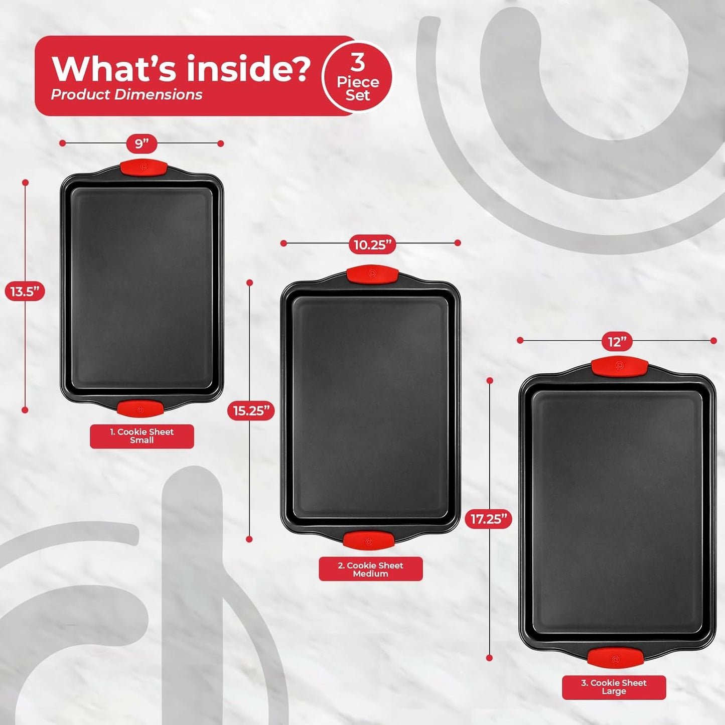 PERLLI Non-Stick 3-Piece Baking Pan Set, BPA-Free Carbon Steel Bakeware Set with Silicone Handles, Stackable Kitchen Oven Set, Cookie Sheet, Baking Tray, Baking Sheet Set, Oven Safe (446°F)