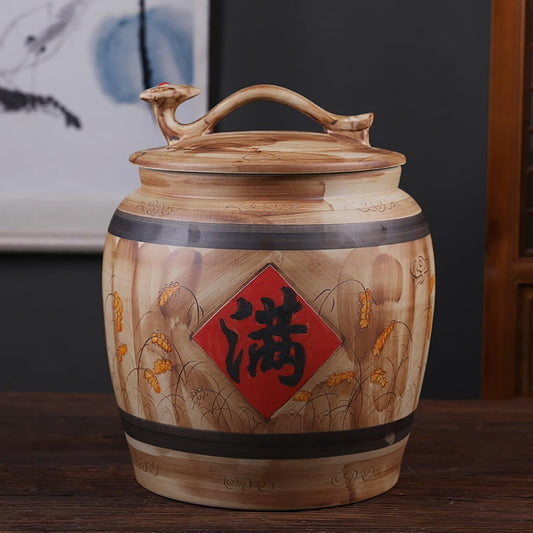 Ceramic Rice Storage Container Sealed Rice Bucket, Grain Dispenser Food Storage Jars, Chinese Jar Ceramic Decorative, for Cereal, Flour, Sugar, Coffee, Rice(28 * 23cm/11 * 9in)