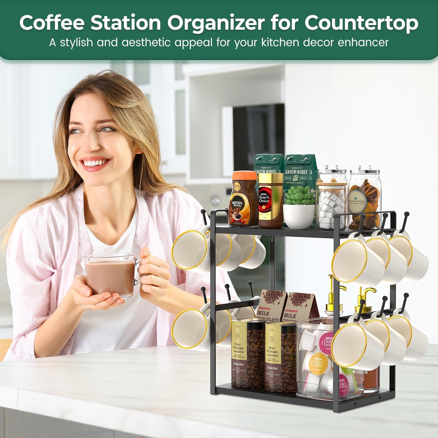 EsLuker.ly 2 Tier Coffee Mug Holder Station Bar Organizer Countertop, Mug Cup Tree Rack for Kitchen Office, Storage Shelf with 12 Hooks, Creat Stylish Coffee Corner, Black
