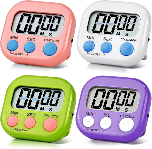4 Pack Digital Kitchen Timer Magnetic Digital Timer with Big Display Loud Ring Cooking Timers for Cooking, Game, Gym, Break Time, Classroom (4, Pink, Purple, Green, White)