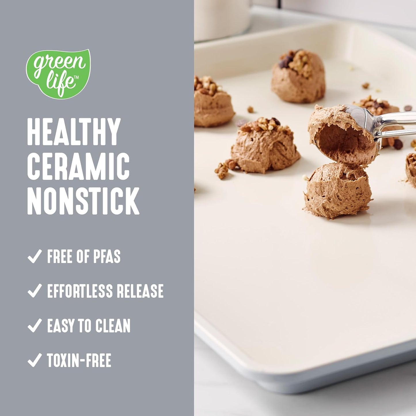 GreenLife Bakeware 18” x 13” Half Cookie Sheet Baking Pan, Non-Toxic PFAS-Free Healthy Ceramic Nonstick, Oven Safe to 450°F, Easy Release, Even Heating, Easy Clean, Gray