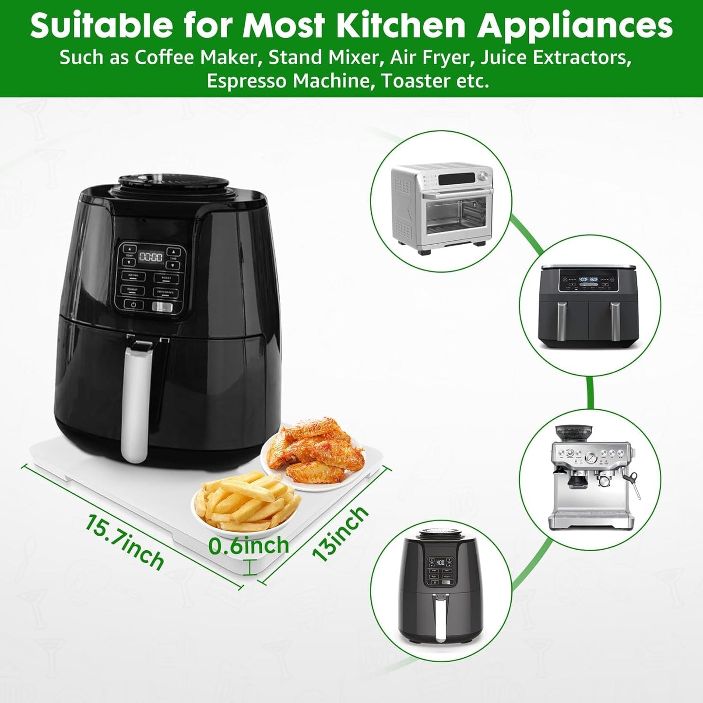 Appliance Slider 360° Rolling Tray for Coffee Maker- Bamboo Coffee Pot Slider Tray for Countertop Rotation Sliding Tray with Wheels, Appliances Mat Easily from Under The Cabinet White (15.7"×13")