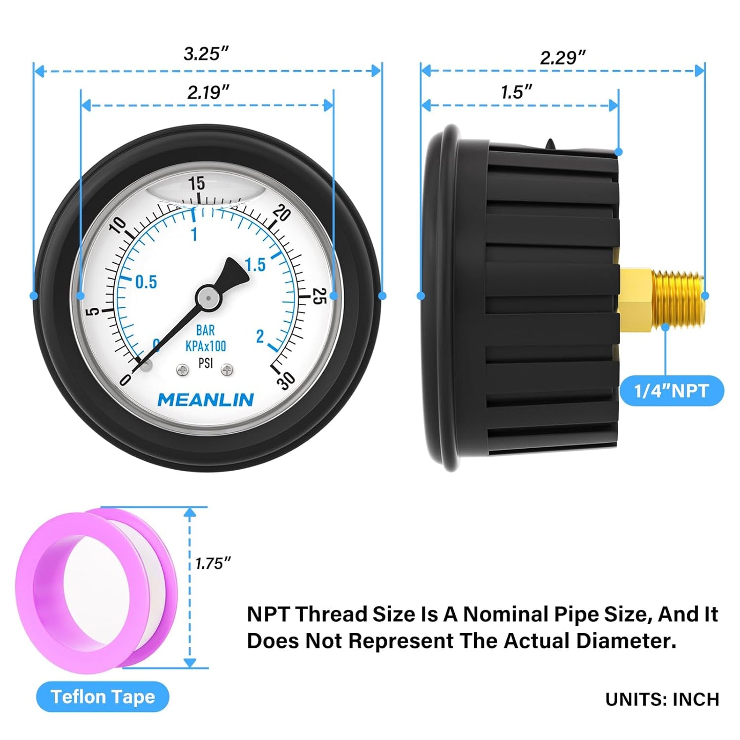 MEANLIN MEASURE 0~30Psi Stainless Steel Liquid Filled Pressure Gauge 1/4" NPT 2.5" FACE DIAL with Rubber Protective Sleeve, Center Back Mount