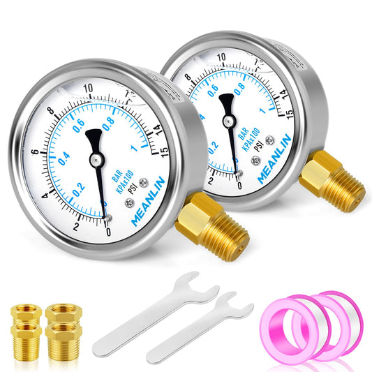 MEANLIN MEASURE 0~15Psi Stainless Steel 1/4" NPT 2.5" FACE DIAL Liquid Filled Pressure Gauge WOG Water Oil Air Lower Mount (Pack of 2), with 1/2" NPT and 3/8" NPT Hex Bushing
