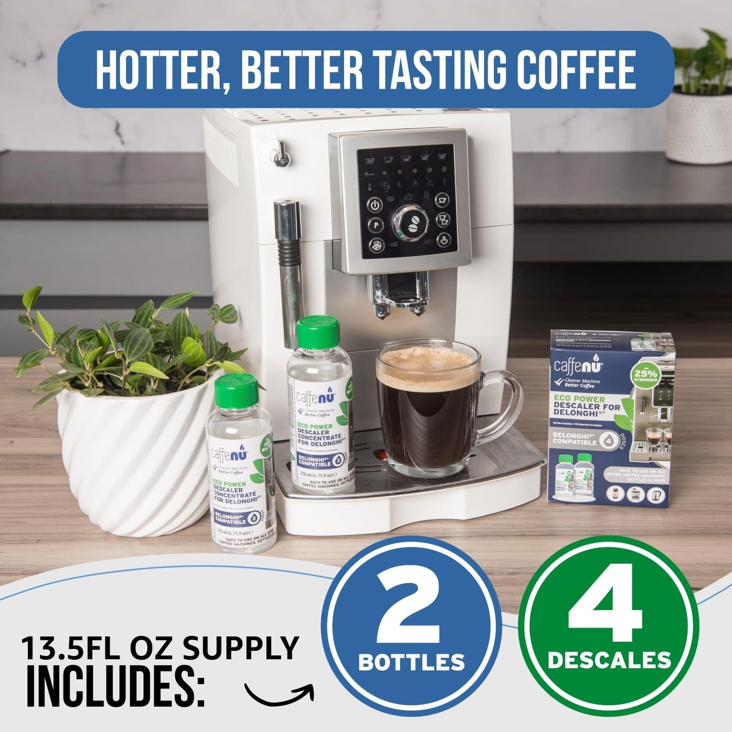 Delonghi Compatible Descaling Solution. 2 Bottles of Descaler Solution. Descaling Kit Removes Limescale For Hotter Coffee. 4 Uses Descaler For Delonghi Coffee Machines.