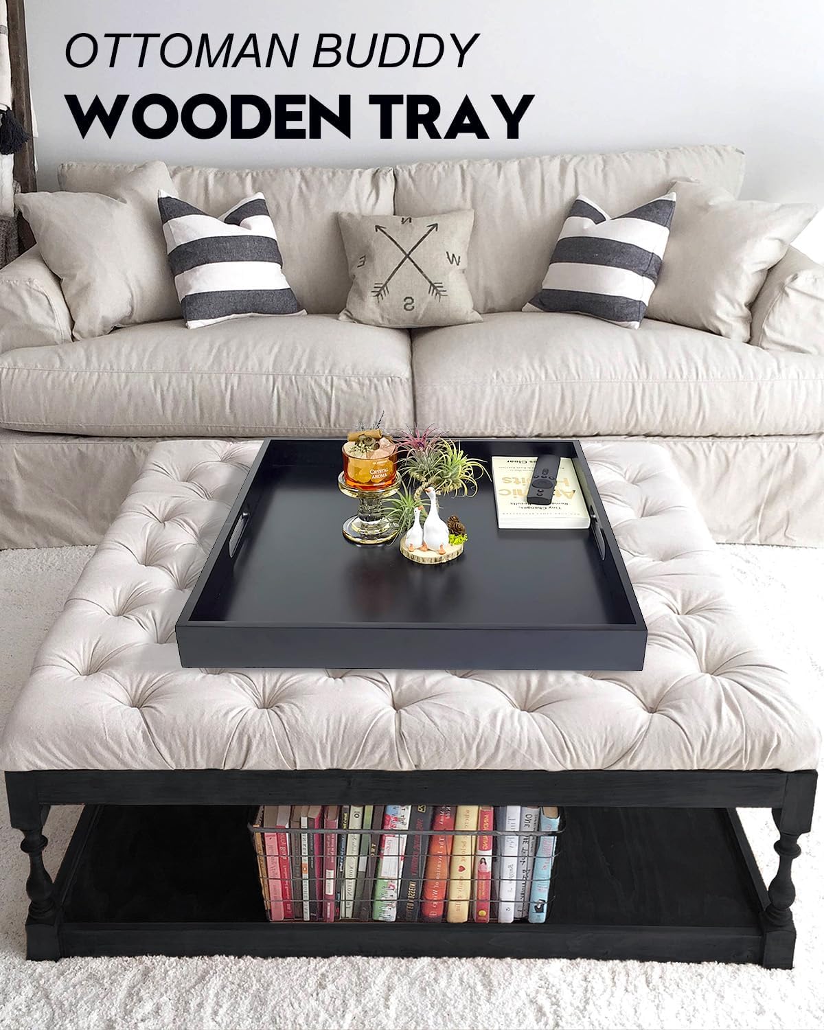 20 Inches Square Wooden Ottoman Tray Black, Large Wood Serving Tray with Handles for Living Room, Serving Food Breakfast, Ottoman Coffee Table Couch Sofa Kitchen