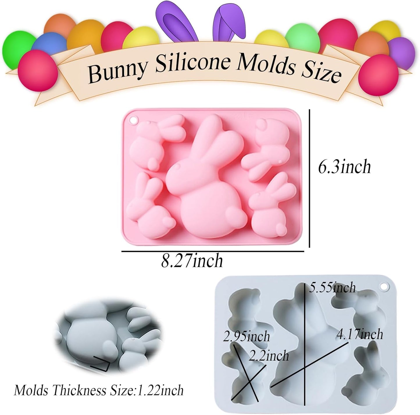 2 Pack Bunny Silicone Molds, 5-Cavity Easter Bunny Chocolate Tray Molds, Bunny Baking Molds for Jellies, Candies, Ice Cubes, Wax Melts, Soaps, Cake Decoration