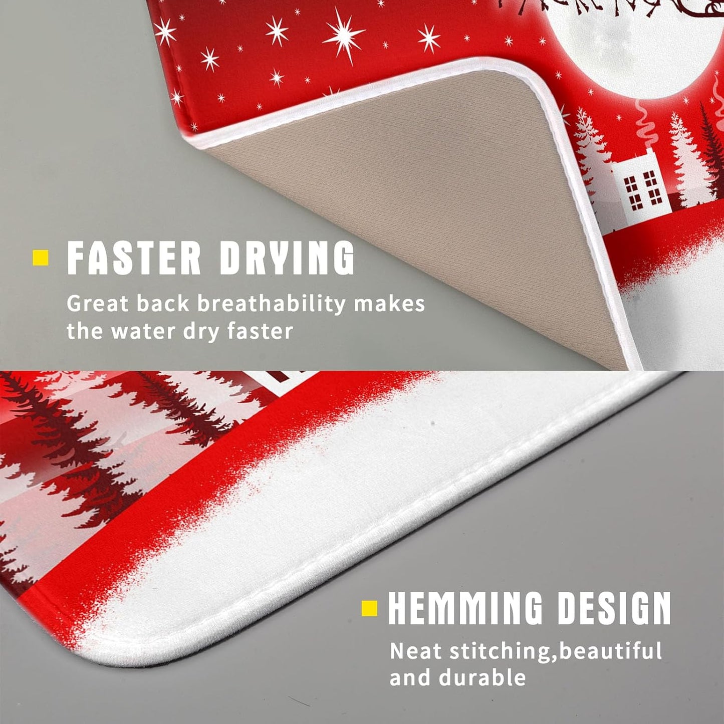 Christmas Reindeer Moon Star Red Dish Drying Mat for Kitchen Counter,White Xmas Tree Castle Drying Mat 16 x 18 Inch with Absorbent Reversible Microfiber Dish Drying Pad for Coffee Bar