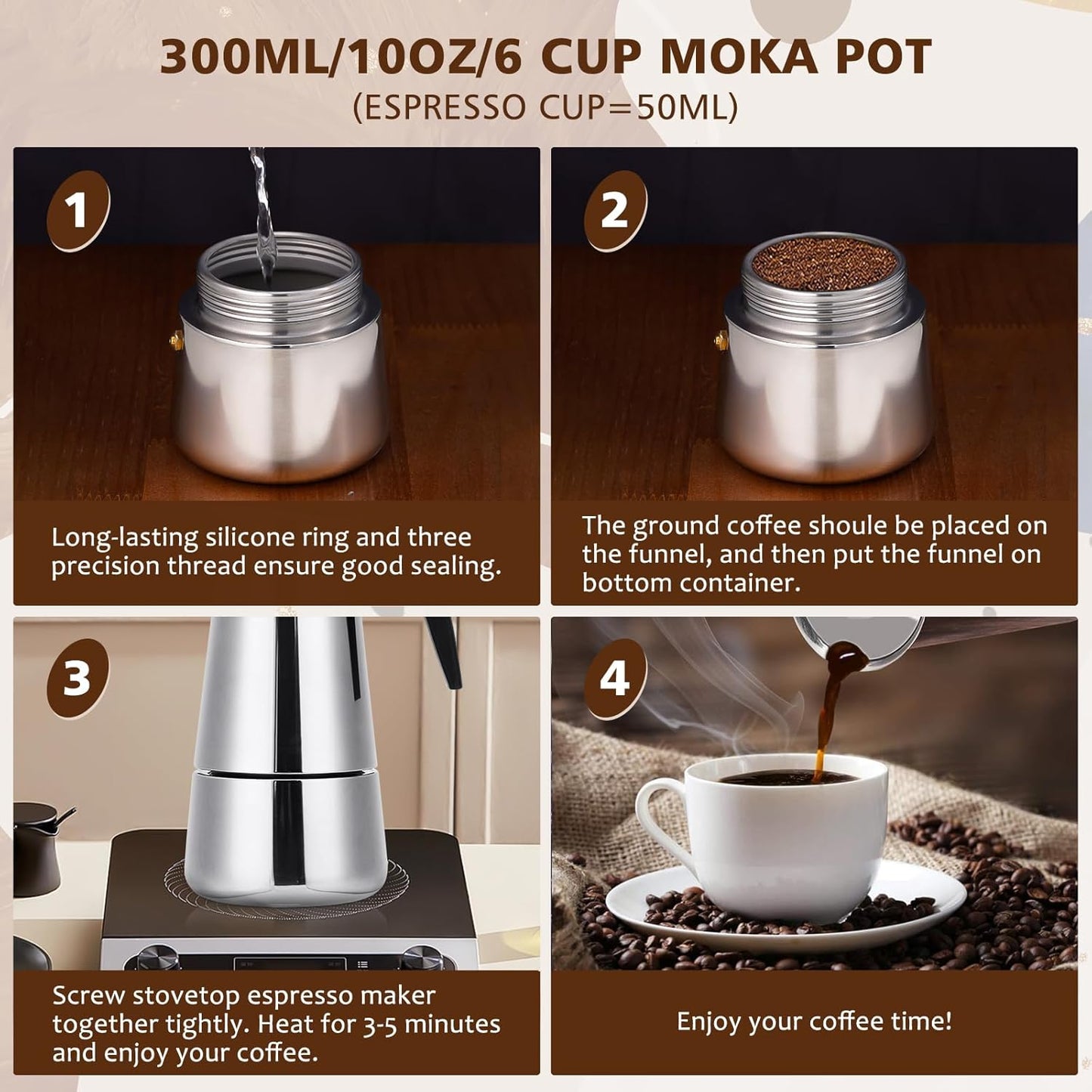 Stovetop Espresso Maker, 6 cup Moka Pot, Italian Coffee Maker Percolator, Stainless Steel Espresso Pots, 300ml/10oz(Espresso Cup=50ml/1.7oz) Coffee Pot Cafe Maker for Induction Cookers, Hobs