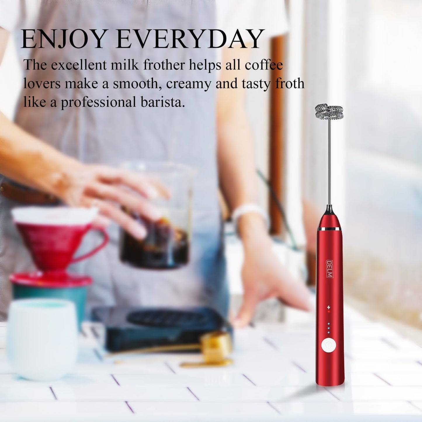 Delm Milk Frother Electric USB Stainless Steel Accessory - Frother Wand Foam Maker for Lattes - Milk Frother Handheld for Cappuccino, Frappe, Matcha, Hot Chocolate - Frother for Coffee (red)