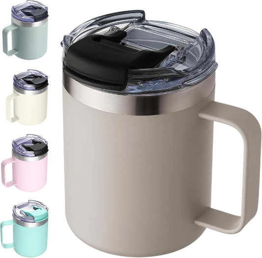 ALOUFEA 12oz Insulated Coffee Mug Cup with Handle, Stainless Steel Travel Coffee Mug with Flip Lid, Double Wall Vacuum Coffee Tumbler,Apricot