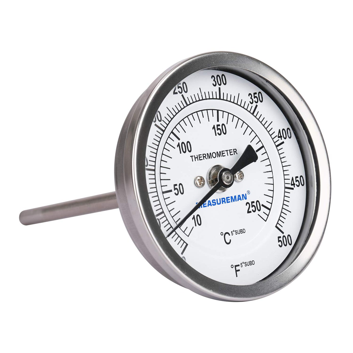 MEASUREMAN Fully Stainless Steel Bimetal Dial Thermometer, 3" Dial, 4" Stem, 50-550 deg F/10-260 deg C, -1% Accuracy, Adjustable, 1/2" NPT Back Mount