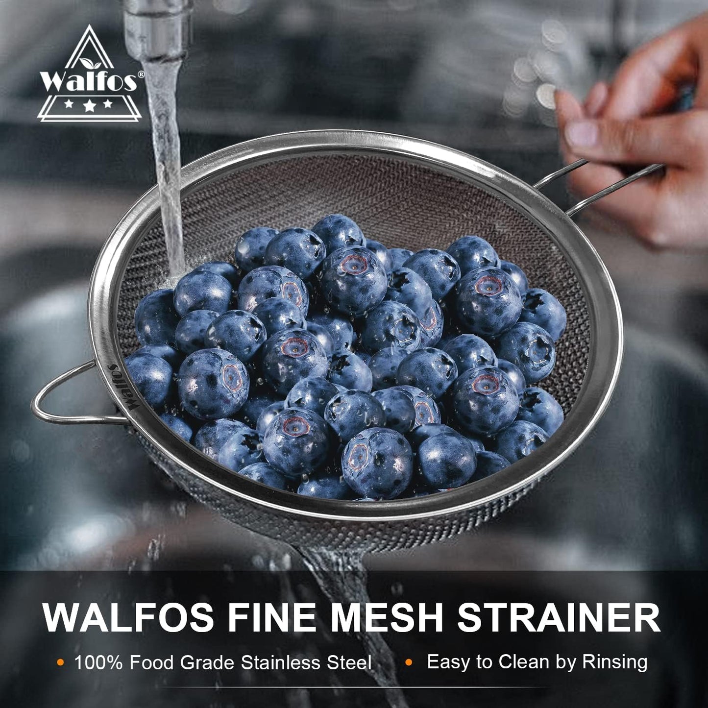 Walfos 9 Inch Large Fine Mesh Strainer, Kitchen Metal Food Strainers with Sturdy Handle, Stainless Steel 30 Mesh Sieve Sifters for Rice, Quinoa, Pasta, Fruits, Vegetables, etc.