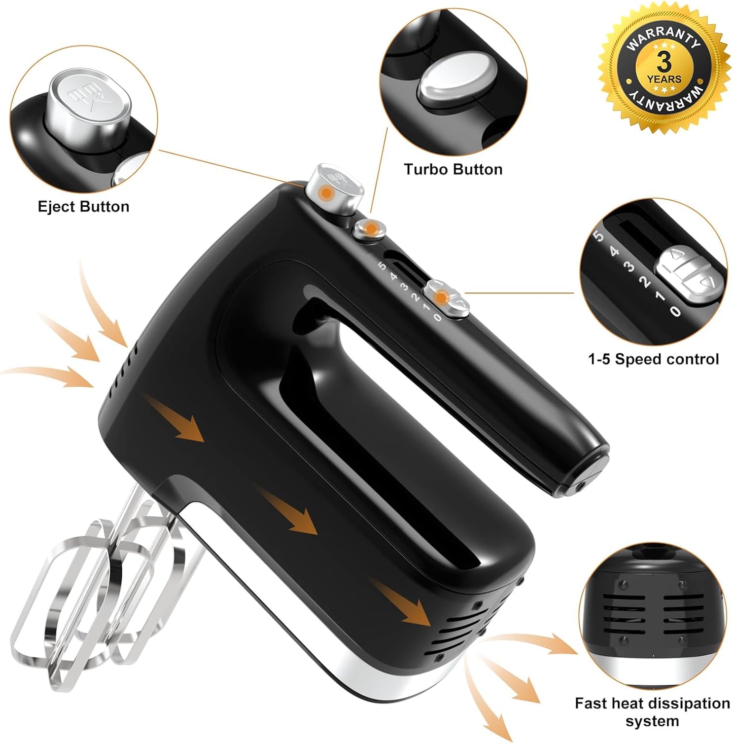 CBQ Hand Mixer Electric, 5-Speed 400W Powerful Motor, Hand Mixer Electric Handheld with Storage Case, Turbo Boost and 5x Accessories, Flat Beaters, Dough Hooks, Whisk (Black)