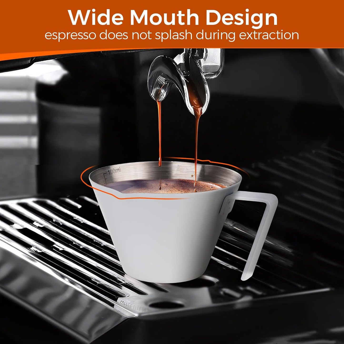 YARRAMATE Stainless Steel Espresso Shot Cup, Double Spout Metal Espresso Measuring Cup with V-Shaped Mouth, Espresso Accessories, 3.4OZ/100ML (White)