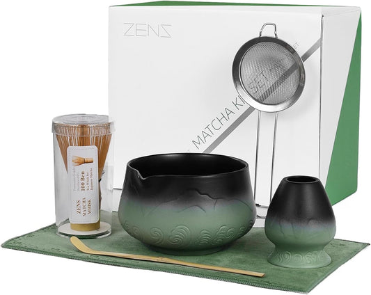 ZENS Matcha Whisk Set, 15oz Matcha Set with Bowl and Bamboo Whisk, Sifter, Scoop, (Chasen Holder) -Tea Towel, 6pcs Matcha Kit Chawan for Matcha-Making, Sage Green