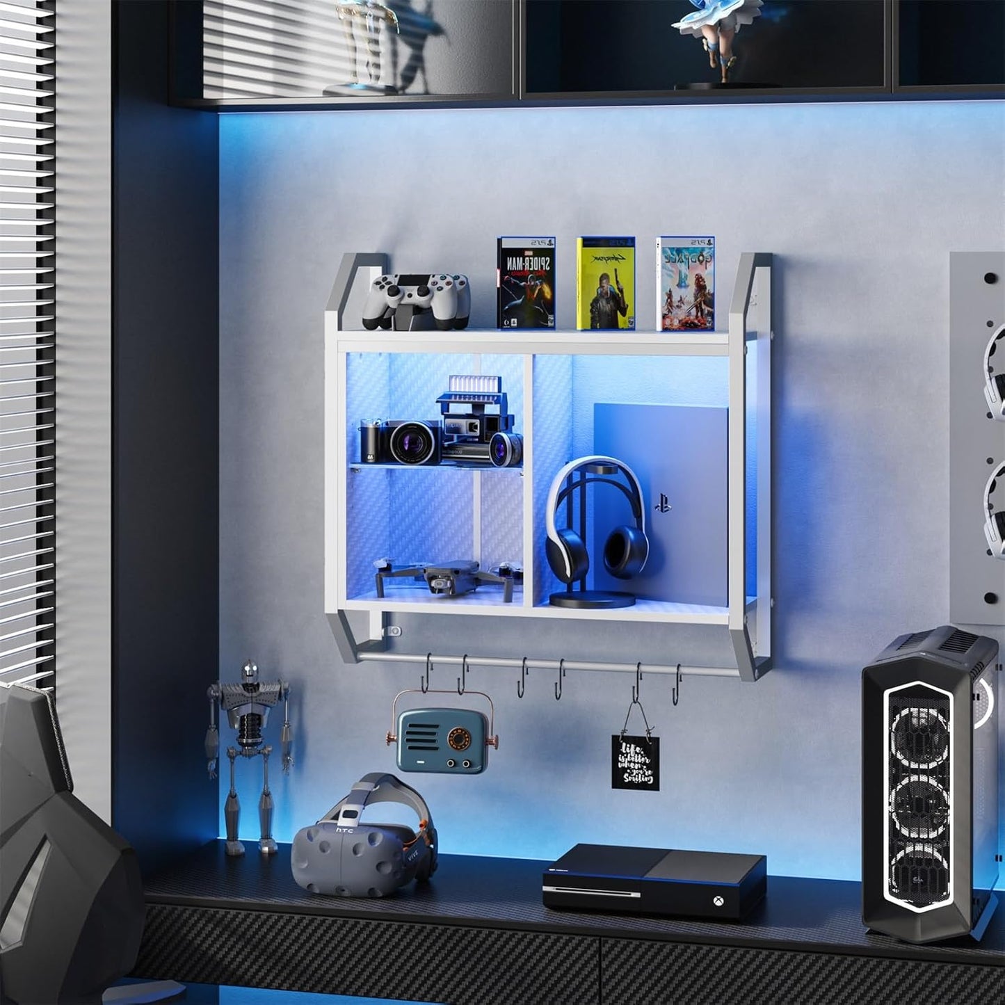 Bestier LED Gaming Floating Shelves for Wall, 25" Wall Mounted Shelf Pipe Adjustable Glass Shelves, White Hanging Display Rack with 6 S-Hooks Towel Bar, Gaming Bedroom Decor Shelf