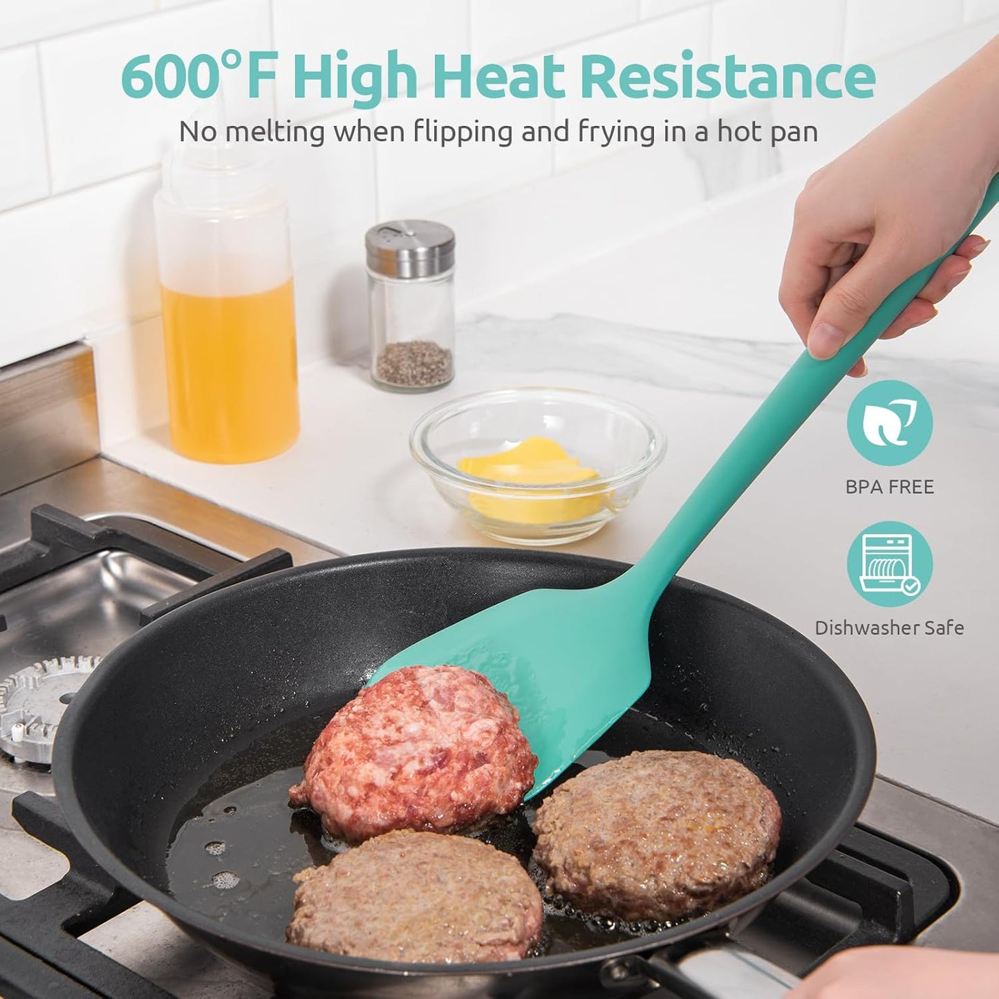 U-Taste 600ºF Heat Resistant Silicone Turners: 13.6in Long Solid & Slotted Kitchen Spatula Flipper, Wide and Large Flexible Cooking Utensil for Flipping Egg, Pancake, Cookie (Aqua Sky, 2PCS)