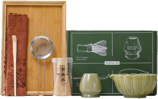 6-Piece Matcha Whisk Set, Japanese Bamboo Chasen, Scoop & Sifter, Traditional Ceremonial Kit with Ceramic Bowl, Whisk Holder Stand, Chakin Cloth (Green bamboo)