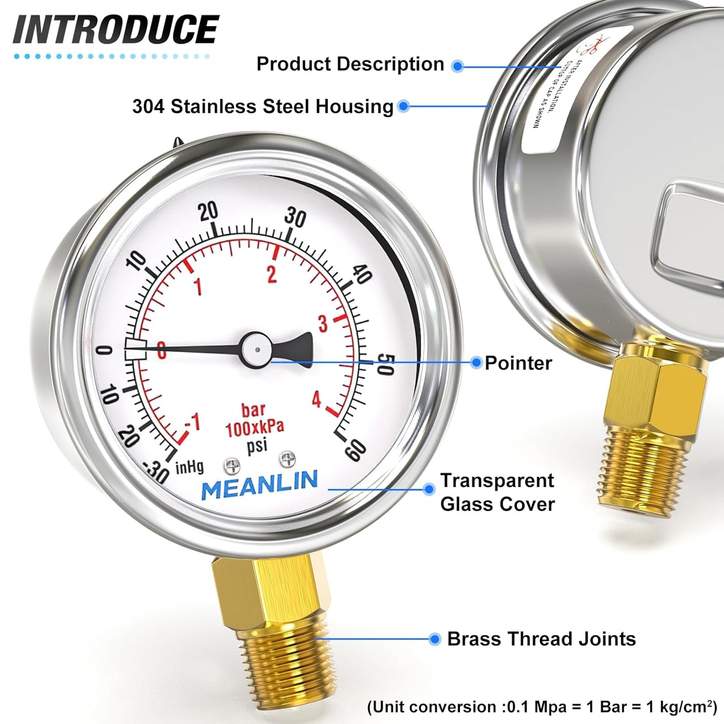 MEANLIN MEASURE -30inHG~60Psi Vacuum Gauge Stainless Steel 1/4" NPT 2" FACE DIAL Waterproof for Air Compressor HVAC Negative Pressure Hand Pump Pool Lower Mount, with 1/2" NPT and 3/8" NPT Hex Bushing