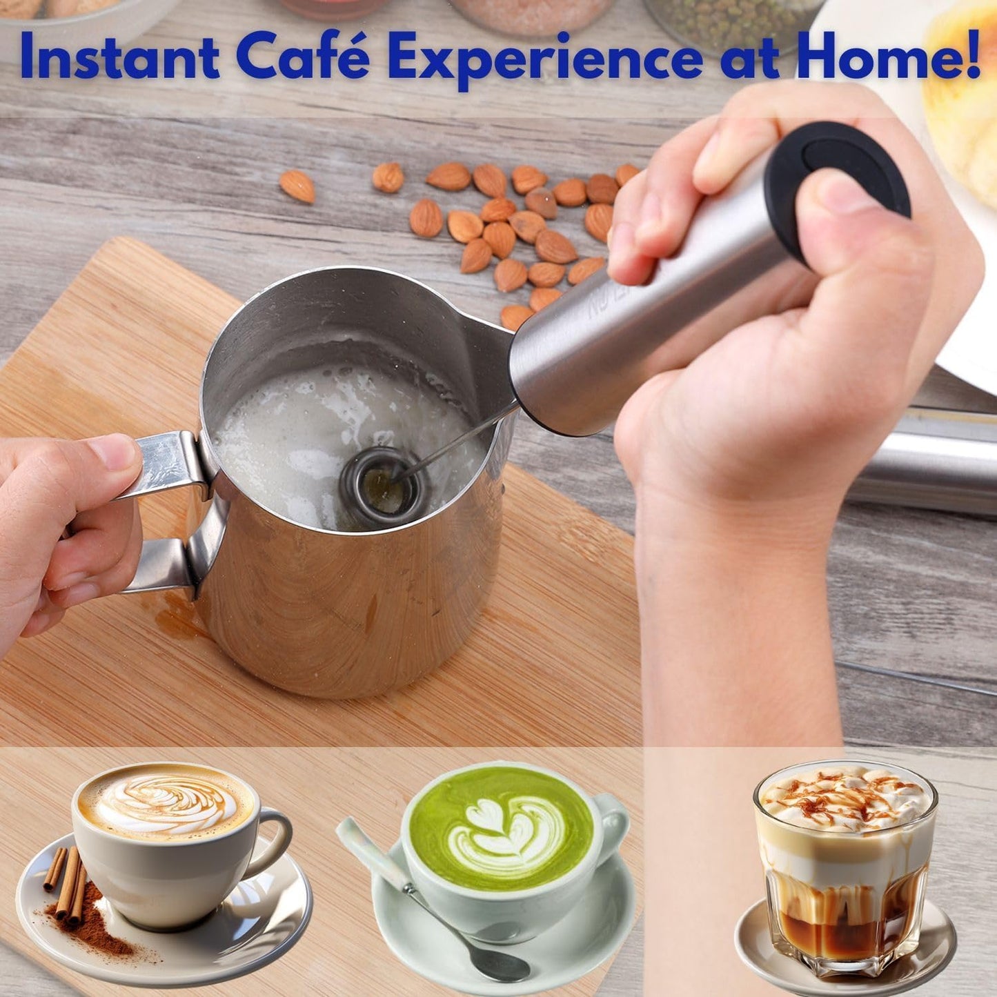 Rechargeable Milk Frother Handheld Electric Frother Wand Milk Foamer Drink Mixer for Coffee, Lattes, Cappuccino, and Egg, Stainless Steel for Travel-Silver