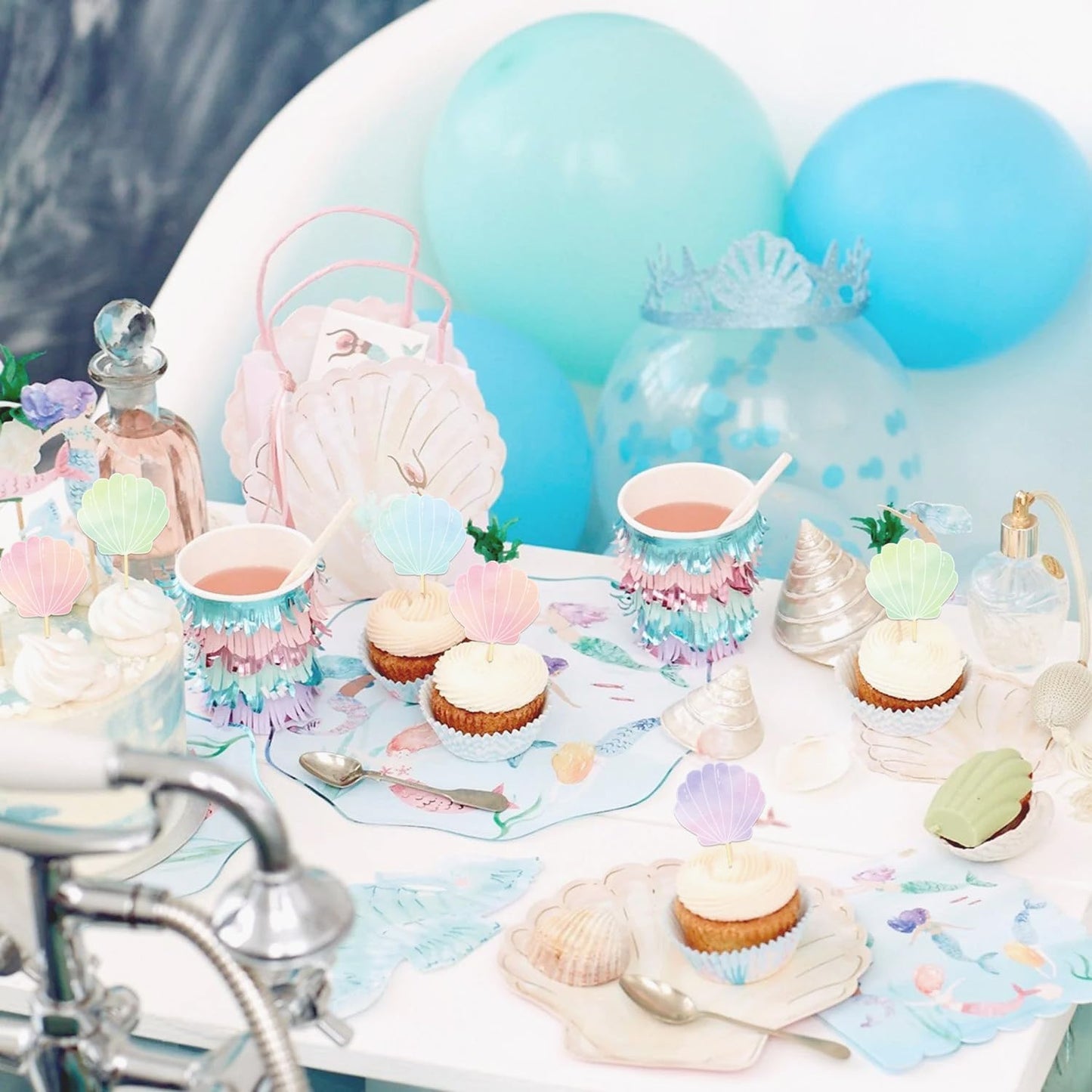 24 Pieces Seashell Cupcake Toppers Under the Sea Mermaid Cake Topper Decorations Picks for Mermaid theme Birthday Party Decoration Baby Shower Supplies (Seashell)