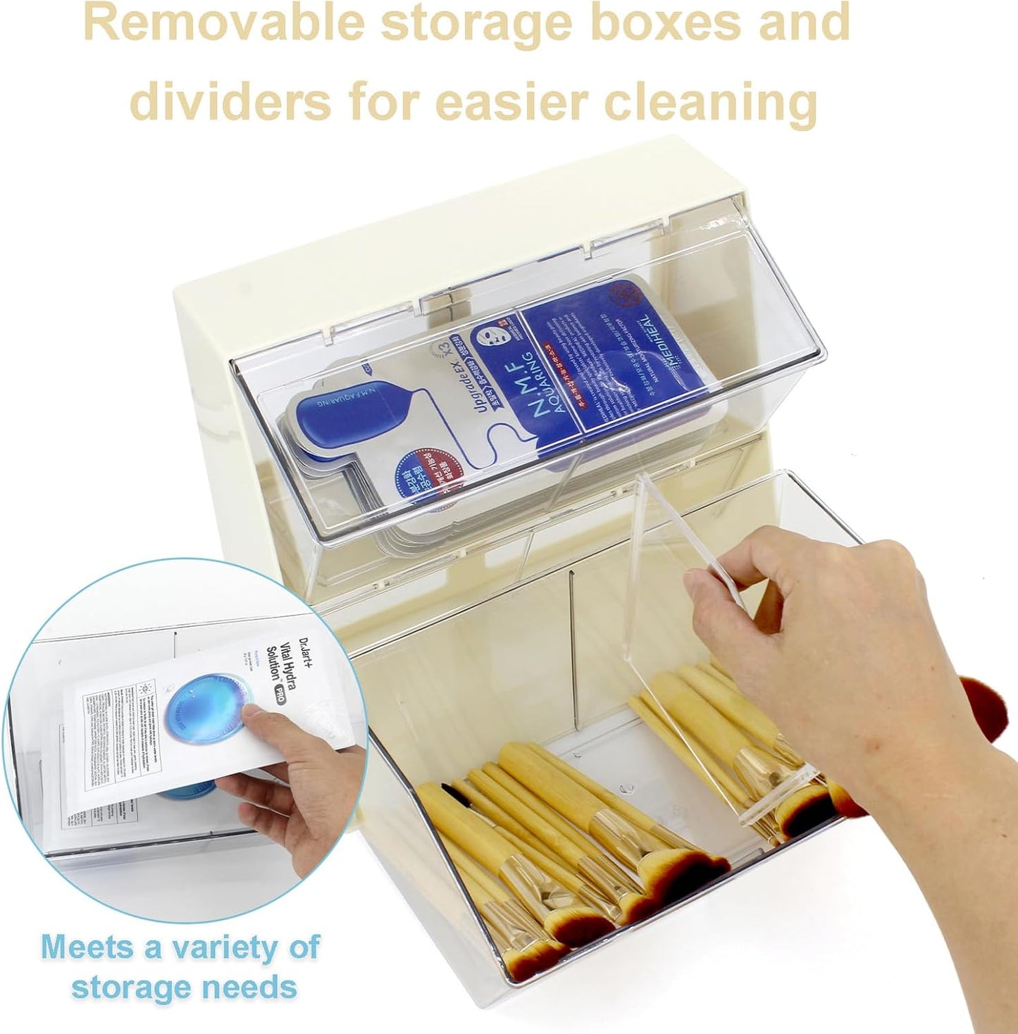 Bokelai Plastic Tea Bag Organizer with Lid - Large Capacity K Cup Holder Countertop Storage Station for Capsule Creamer Sugar Pods Face Mask Organizer Cream/Clear