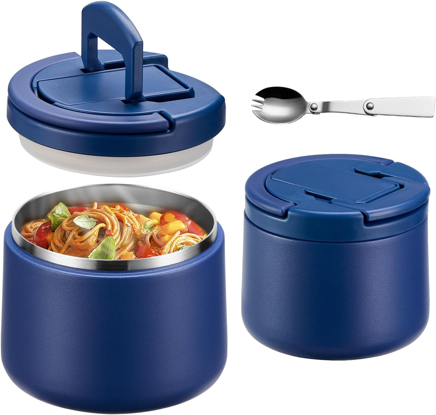 14oz Insulated Vacuum Food Jar with Buckle Lid,Soup Thermo for Hot Food Kids,Wide Mouth Leakproof Stainless Steel Lunch Container with Spoon-Blue