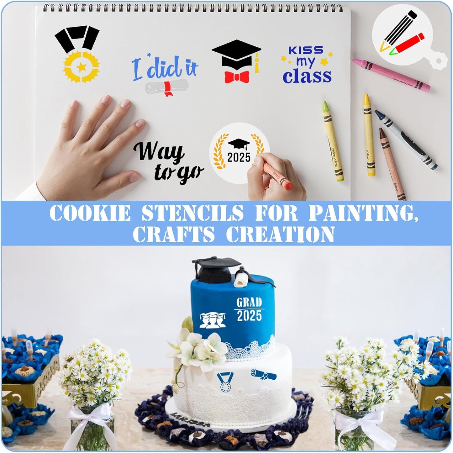 JULBEAR Graduation Cookie Stencils, 36 Pieces Class of 2025 Reusable Coffee Decoration Stencils Templates Tools for Cookies Baking Painting Dessert Decoration DIY Graduate Party Decor