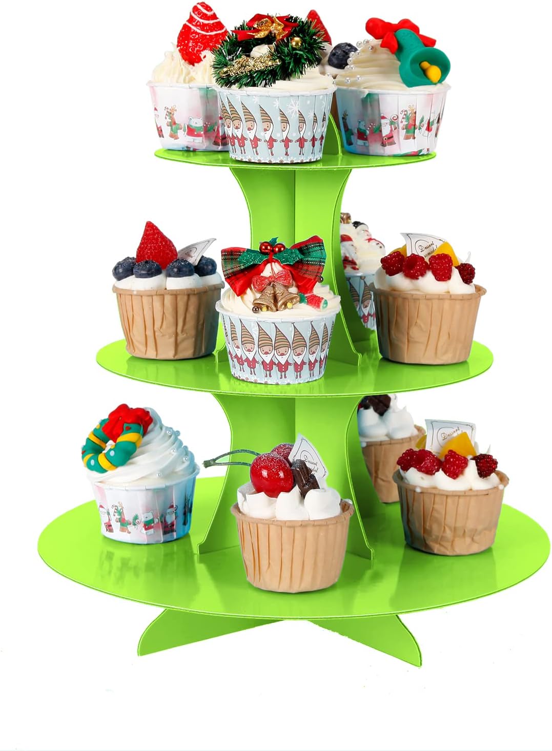 3-Tier Cupcake Stand, Cake Stand holder, Tiered DIY Cupcake Stand Tower for Dessert Table Displays, Birthday Theme Party Favors Decoration, Floral Tea Party, 12" W x 12.8" H, Green