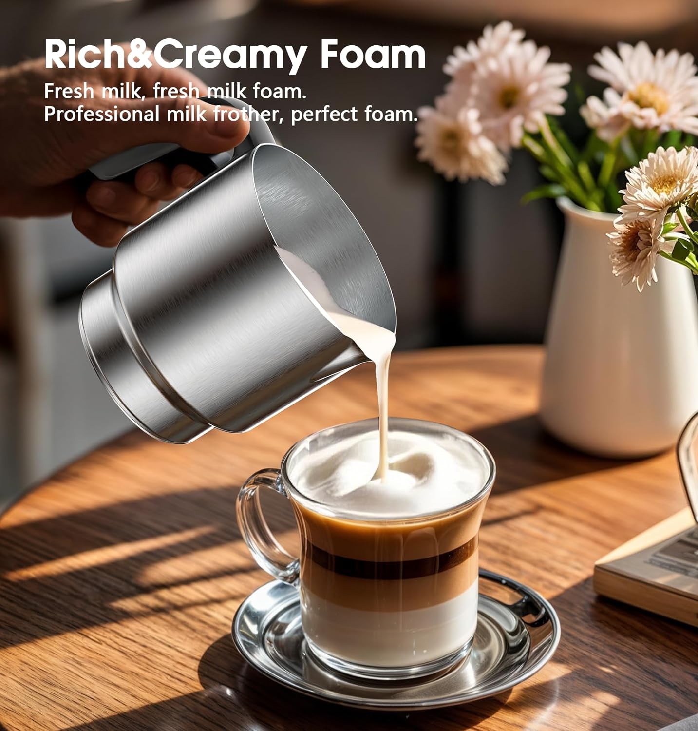 Milk Frother, Detachable Large-Capacity Electric Frother, Milk Steamer for Coffee, Cappuccino, Latte, Choc, Stainless Steel Jug, BPA-Free Transparent Lid