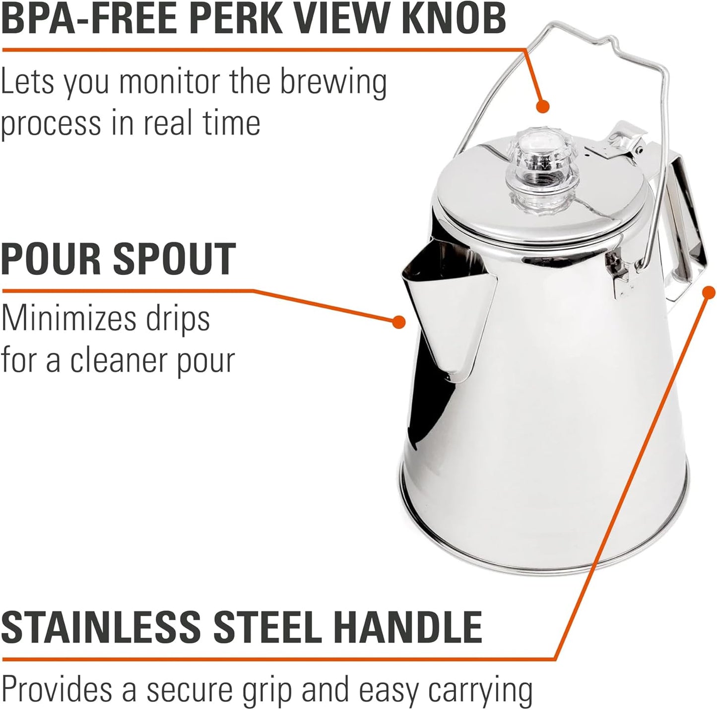 GSI Outdoors Percolator Coffee Pot I Glacier Stainless Steel Ultra-Rugged for Brewing Coffee Over Stove and Fire | Ideal for Group Camping, 14 Cup