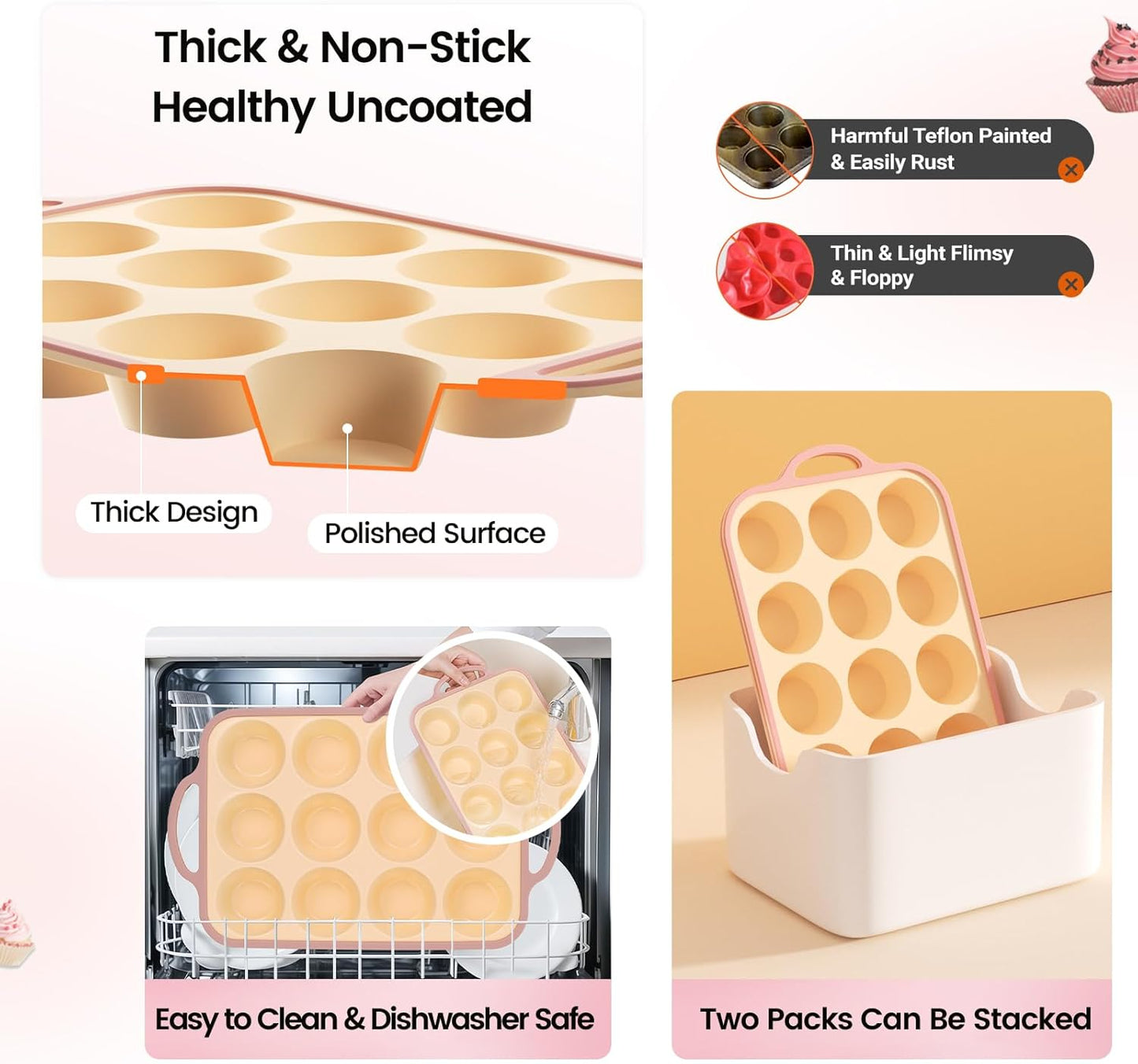 Silicone Muffin Pans for Baking 2 Pack, 2.6 Inch with Metal Reinforced Frame, Regular Size Nonstick Silicone Cupcake Pan for Baking Homemade Muffins, Cupcakes, Dishwasher Safe BPA Free-Yellow