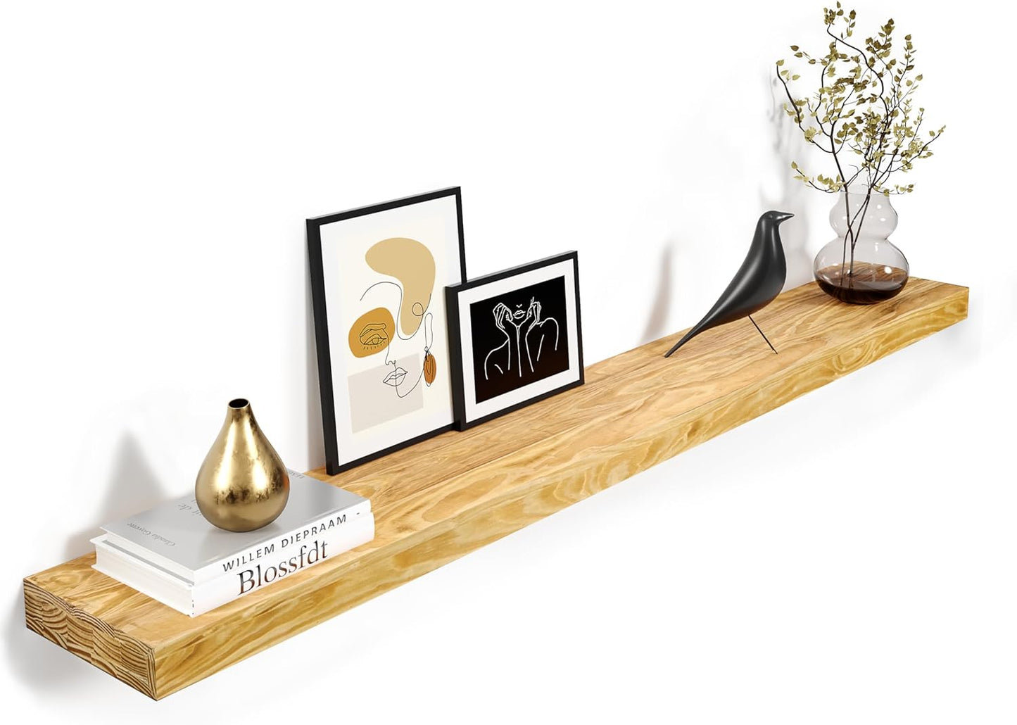 60'' Pine Wood Floating Shelf for Wall - Rustic Wall Mounted Wooden Shelf for Stylish Home Décor, Fireplace Mantel 60inch (Natural, 60x8x2) - 1pcs