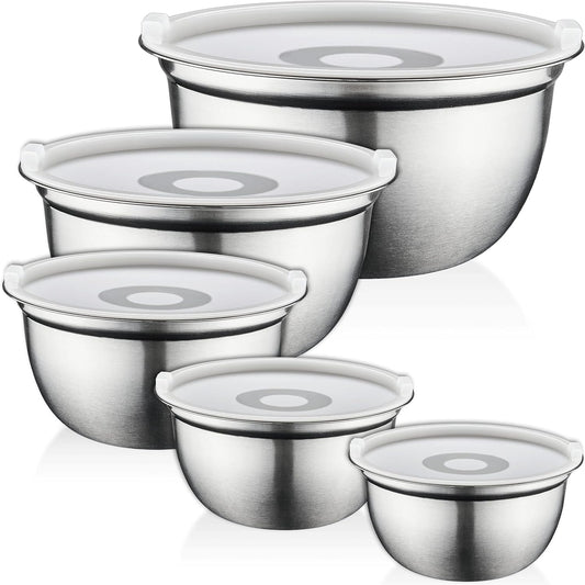 Mixing Bowls Set of 5, Stainless Steel Salad Bowls with Lids, Nesting Metal Mixing Bowls for Baking, Cooking, Prepping & Food Storage