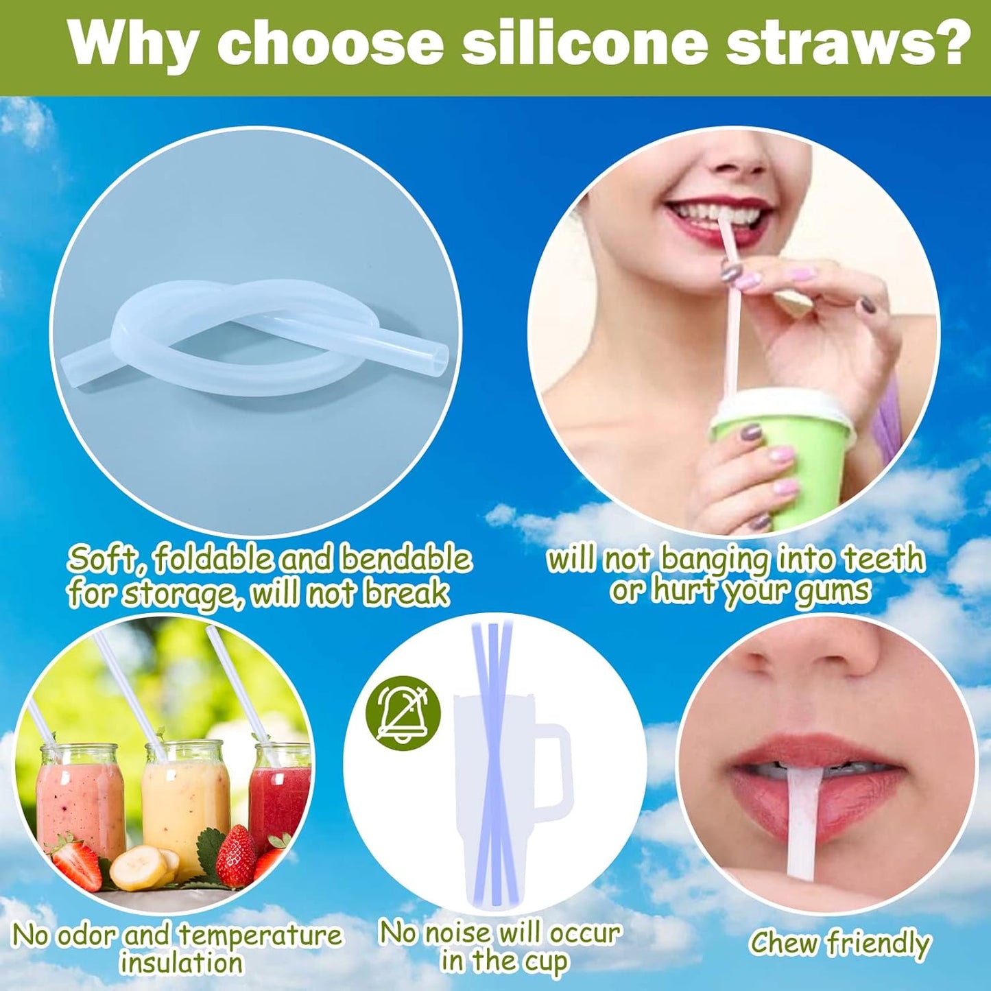 AIERSA 6 Pack Silicone Replacement Straws for Stanley 20 30 40oz Cup,Reusable Straws Compatible 40 oz Stanley Tumbler,Long Straw with Cleaning Brush for Stanley Cup Accessories