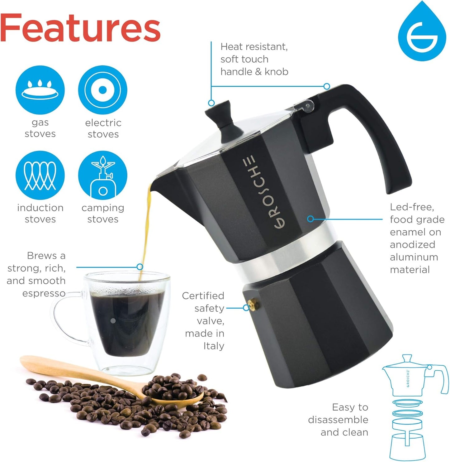 GROSCHE Milano Stovetop Espresso Maker Moka Pot Cuban Coffee Maker Stovetop Coffee Maker Moka Italian Greca Brewer Percolator | 6 Espresso Cup, Black