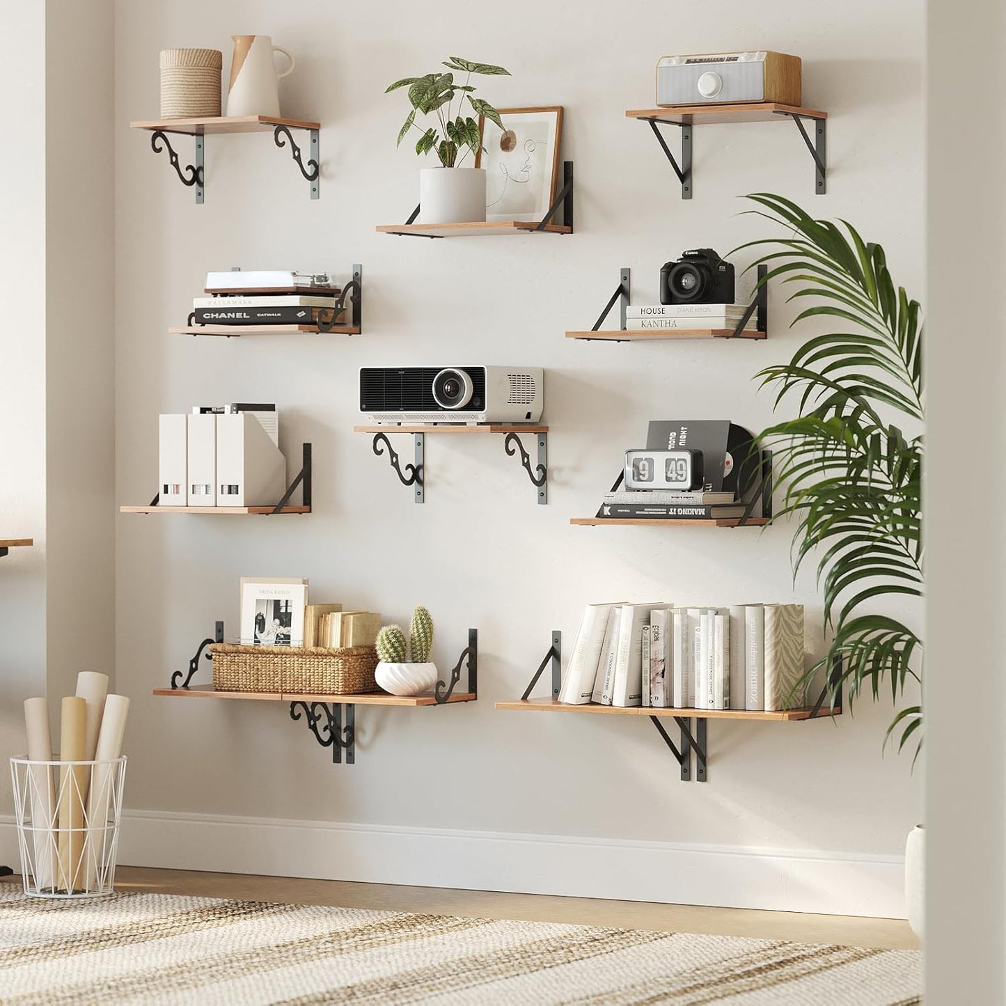 DINZI LVJ Deep Floating Shelves, 16"W x 12"D Wall Shelves Set of 2, Wide Display Shelf Wall Mounted with Brackets, Easy-to-Install Floating Bookshelf for Living Room, Bathroom, Bedroom, Rustic Brown