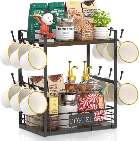 EsLuker.ly Coffee Mug Cup Holder Stand Bar Station Organizer for Countertop, Multi-Functional 2 Tier Mug Tree Rack for Kitchen, Storage Shelf with 12 Hooks, Brown-Black(Patented Design)