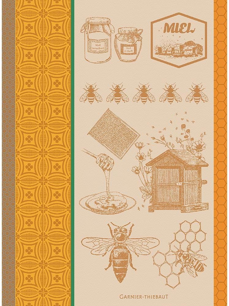 Garnier Thiebaut Miel Et Abeilles Ocre (Honey and Bees) French Kitchen Towel 22"x30", Cotton, Jacquard