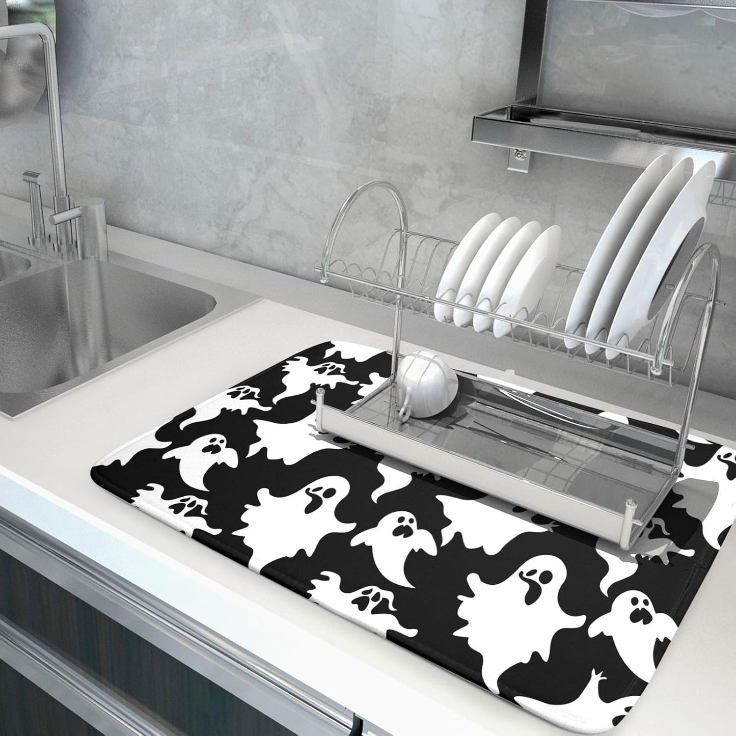 Halloween Bat Ghosts Dish Drying Mat for Kitchen Counter,Halloween Spooky Ghost Black and White Drying Mat 18 x 24 Inch Microfiber Dish Drying Pad Dish Rack Pad Drainer Mat for Coffee Bar