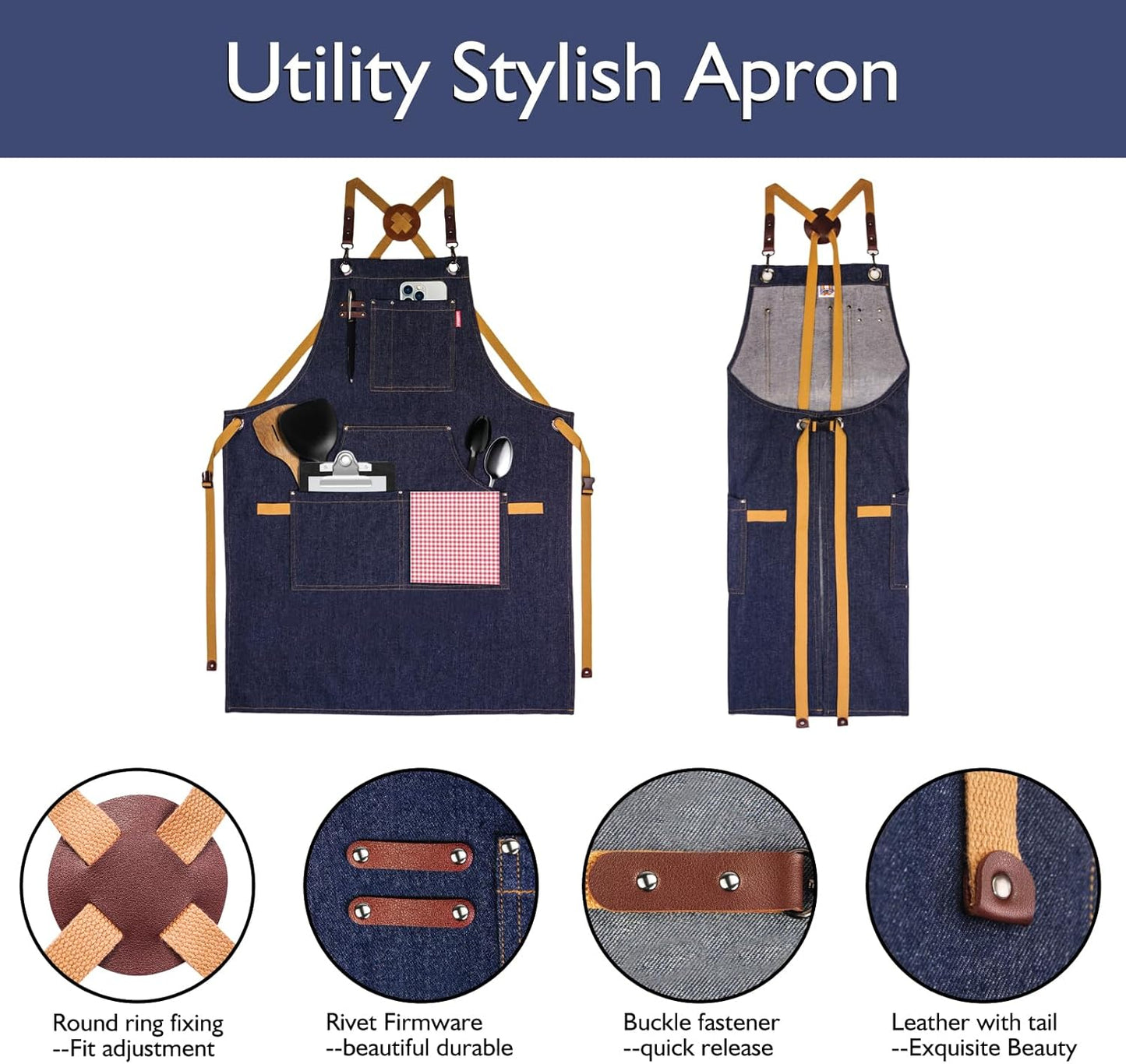 5 Pack Kitchen Apron, Work Apron, Canvas, Multiple Pockets, Gardening, Painting, BBQ, Artist, Carpenter, Sizes M to XXL, Denim