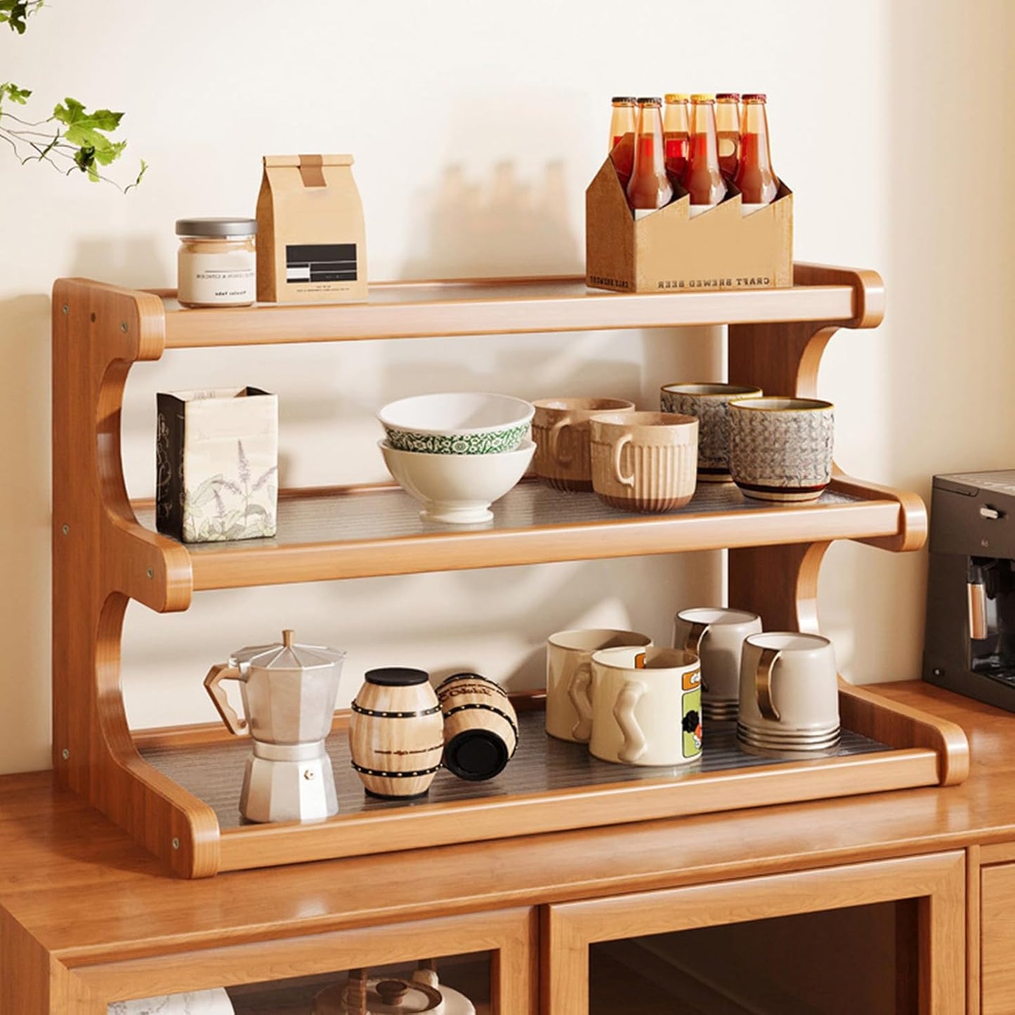3-Tier Wooden Mug Holder Countertop, Coffee Cup Holder Mug Display Coffee Mug Organizer Mug Rack for Coffee Station Organizer Mug Shelf for Cabinet for Kitchen, Home,Natural