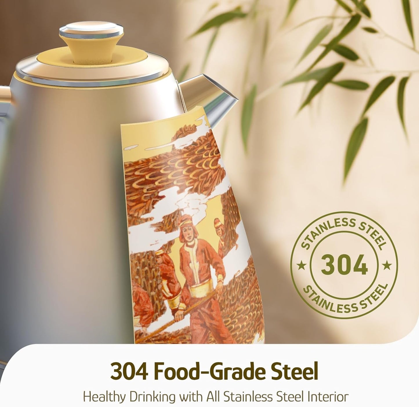 Hazel Quinn Retro Electric Kettle - 1.7 Liters / 57.5 Ounces Tea Kettle with Thermometer, All Stainless Steel, 1200 Watts Fast Boiling, BPA-free, Cordless, Automatic Shut Off - Dragon Dance