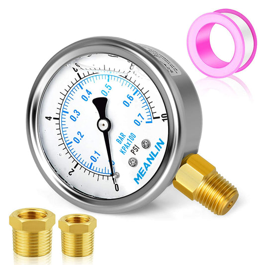 MEANLIN MEASURE 0~10Psi Stainless Steel 1/4" NPT 2.5" FACE DIAL Liquid Filled Pressure Gauge WOG Water Oil Air Lower Mount, with 1/2" NPT and 3/8" NPT Hex Bushing