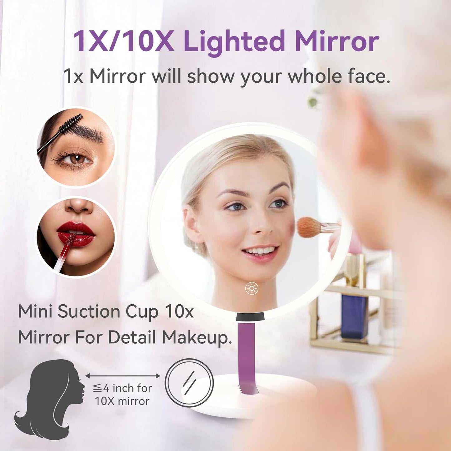 9.65-inch Lighting Makeup Mirror, 1x / 10x, Touch Control, 3-Color Adjustable, Metal Stand, up and Down Adjustable Makeup Mirror,High Color Rendering, Eye-Protecting Light Source,Pink