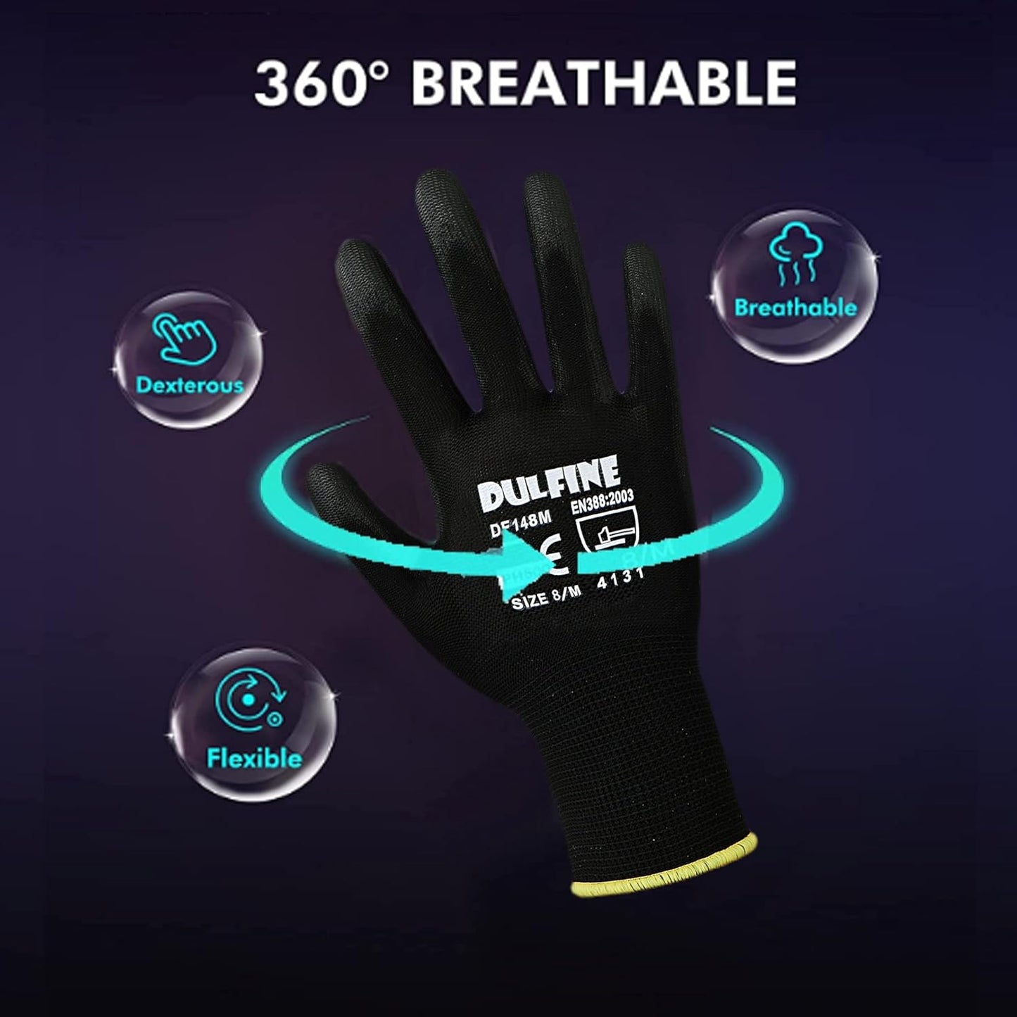 DULFINE Ultra-Thin PU Coated Work Gloves-60 Pairs,Excellent Grip,Nylon Shell Black Polyurethane Coated Safety Work Gloves, Knit Wrist Cuff,Ideal for Light Duty Work. (Extra Large)