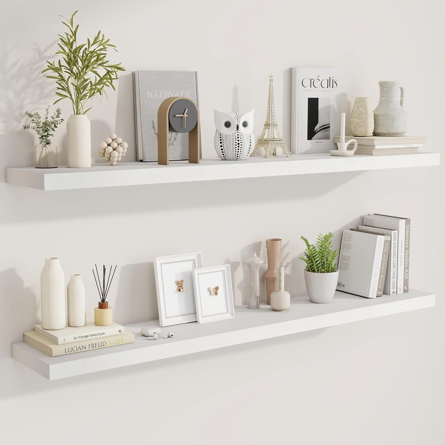 Fun Memories 55 Inch Fireplace Mantel Shelf -Long Floating Shelves, Deep Wall Mounted Farmhouse Display Shelves with Invisible Heavy Duty Metal Bracket, White, 2 Pack